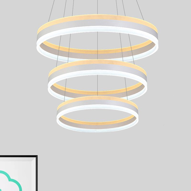 Modern Silver Circular LED Chandelier Pendant Light Fixture | 1/2/3-Light Acrylic Ceiling Lighting
