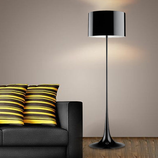 Modern Black/White Drum Shade Floor Lamp - 1-Light Aluminum Floor Light, 12"/16" Width - Ideal for Living Room