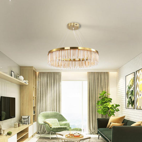 Modern Round LED Chandelier with Crystal Prism & Gold Finish