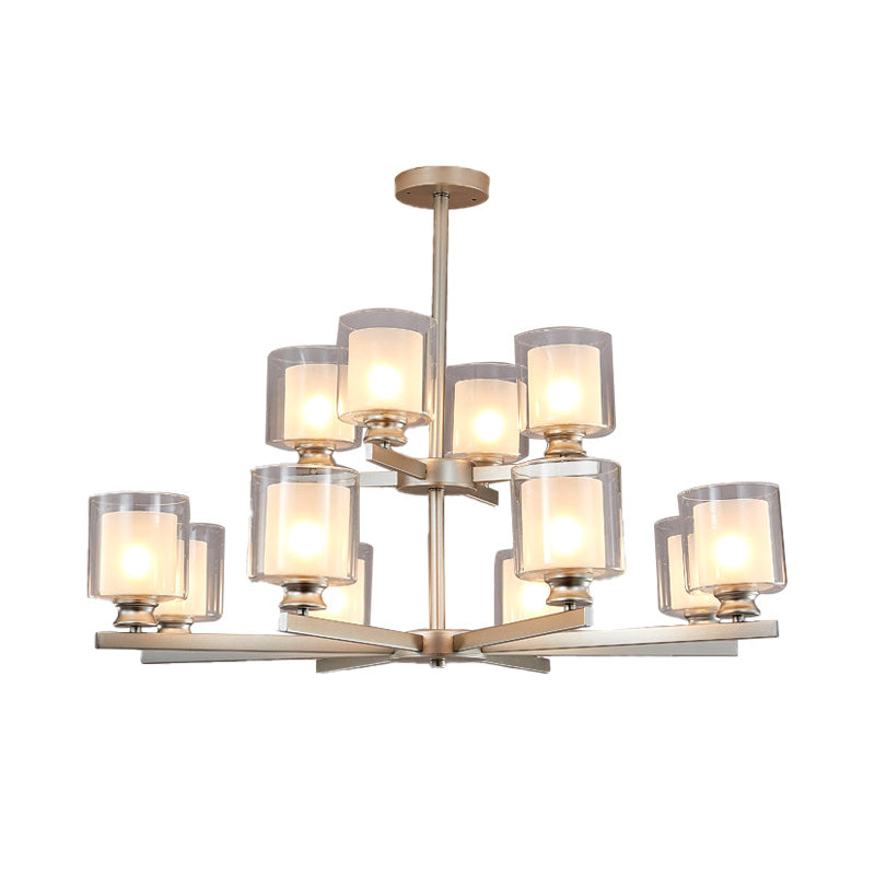 Modernist 2-Tier White Glass Chandelier with Radial Design - 12 Lights: Black/Gold/Silver Hanging Light Fixture