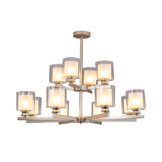 Modernist 2-Tier White Glass Chandelier with Radial Design - 12 Lights: Black/Gold/Silver Hanging Light Fixture