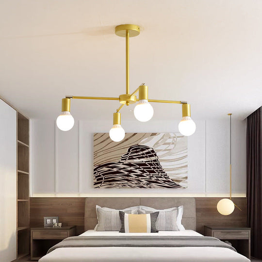 Gold Radial Metal Chandelier with Hanging Lights for Bedroom - Modern Design with Bare Bulb