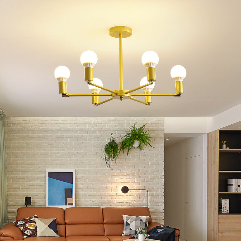 Gold Radial Metal Chandelier with Hanging Lights for Bedroom - Modern Design with Bare Bulb