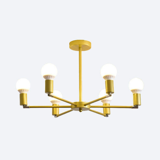 Gold Radial Metal Chandelier with Hanging Lights for Bedroom - Modern Design with Bare Bulb
