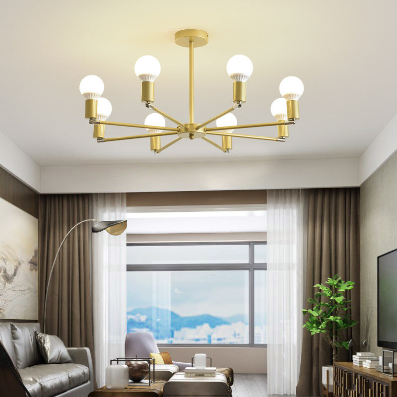 Gold Radial Metal Chandelier with Hanging Lights for Bedroom - Modern Design with Bare Bulb