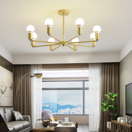 Gold Radial Metal Chandelier with Hanging Lights for Bedroom - Modern Design with Bare Bulb