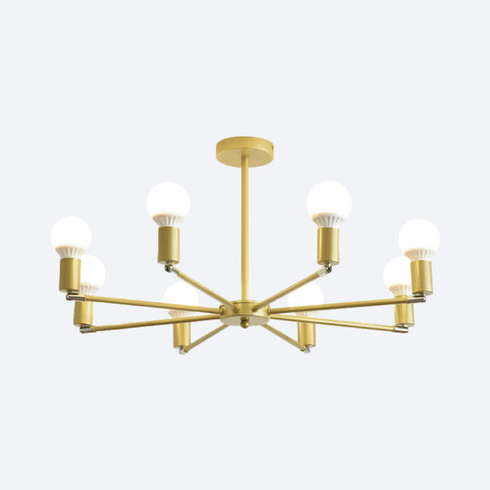 Gold Radial Metal Chandelier with Hanging Lights for Bedroom - Modern Design with Bare Bulb