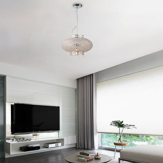 Contemporary Chrome Lantern Chandelier with Clear Crystal Beads - 4-Light Metal Hanging Light