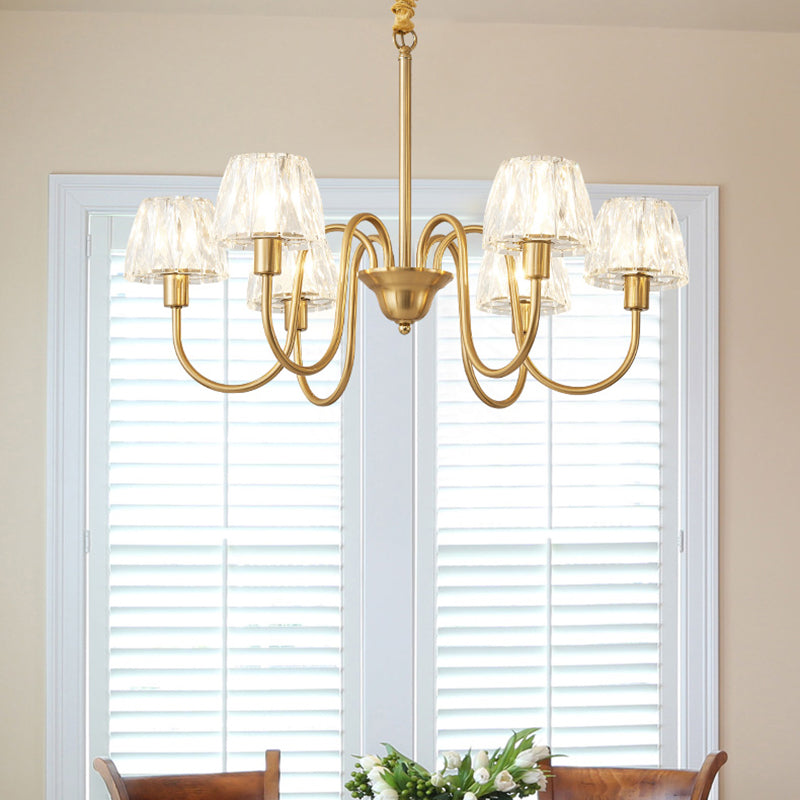 Modern Crystal Hanging Ceiling Light with Brushed Brass Finish - Available in 3/6/8 Lights