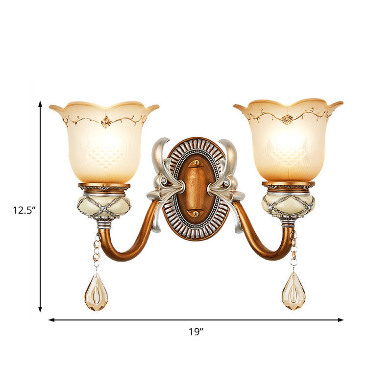 Lodge Style Flower Wall Lamp with Frosted Glass, Teardrop Crystal Deco, and Metal Arm in Gold - 1/2-Bulb Sconce Lighting