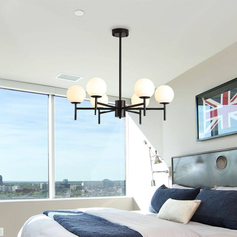 Contemporary Black/Gold Globe Chandelier with Radial Design - 6/8/9 Lights, Milk Glass Hanging Lamp
