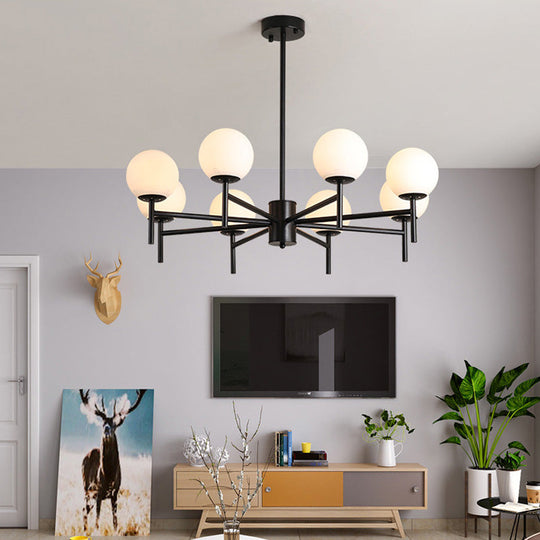 Contemporary Black/Gold Globe Chandelier with Radial Design - 6/8/9 Lights, Milk Glass Hanging Lamp