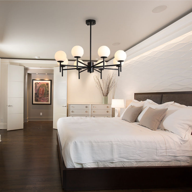 Contemporary Black/Gold Globe Chandelier with Radial Design - 6/8/9 Lights, Milk Glass Hanging Lamp