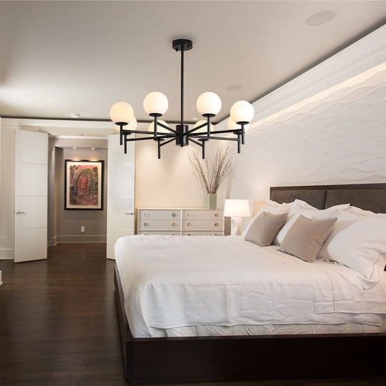 Contemporary Black/Gold Globe Chandelier with Radial Design - 6/8/9 Lights, Milk Glass Hanging Lamp