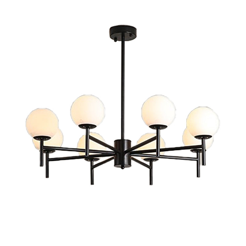 Contemporary Black/Gold Globe Chandelier with Radial Design - 6/8/9 Lights, Milk Glass Hanging Lamp