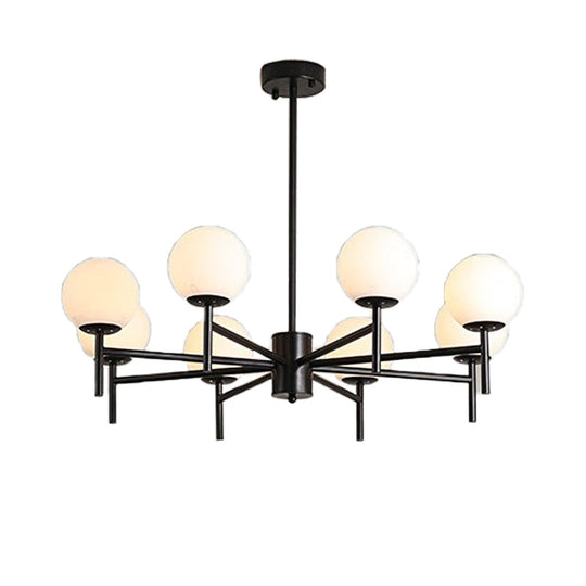 Contemporary Black/Gold Globe Chandelier with Radial Design - 6/8/9 Lights, Milk Glass Hanging Lamp