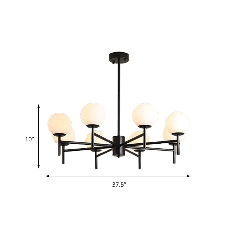 Contemporary Black/Gold Globe Chandelier with Radial Design - 6/8/9 Lights, Milk Glass Hanging Lamp