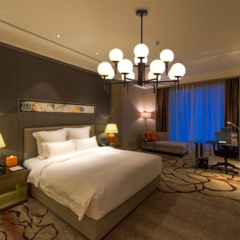 Contemporary Black/Gold Globe Chandelier with Radial Design - 6/8/9 Lights, Milk Glass Hanging Lamp