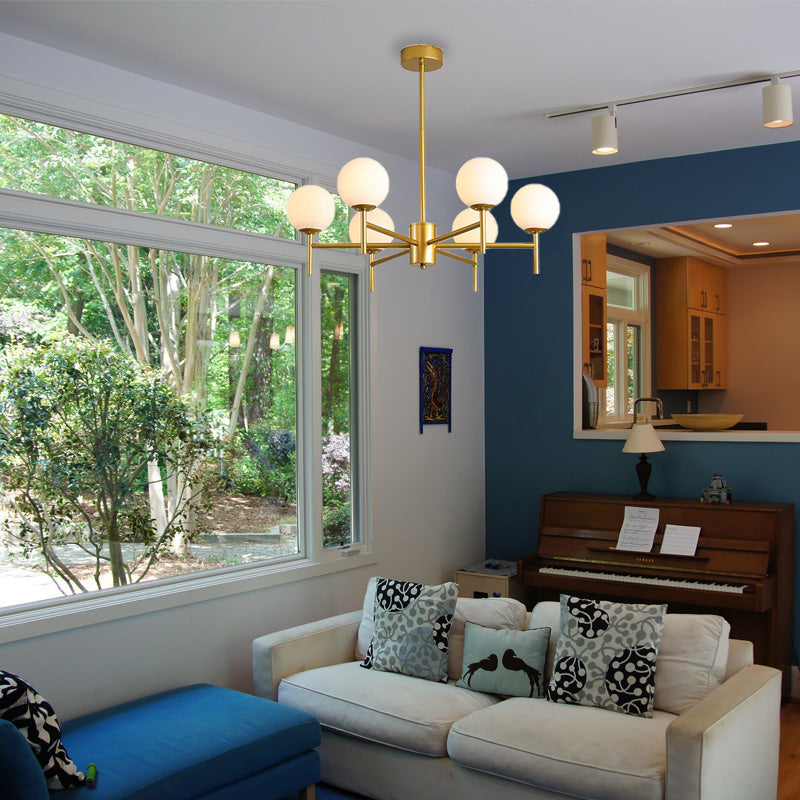 Contemporary Black/Gold Globe Chandelier with Radial Design - 6/8/9 Lights, Milk Glass Hanging Lamp