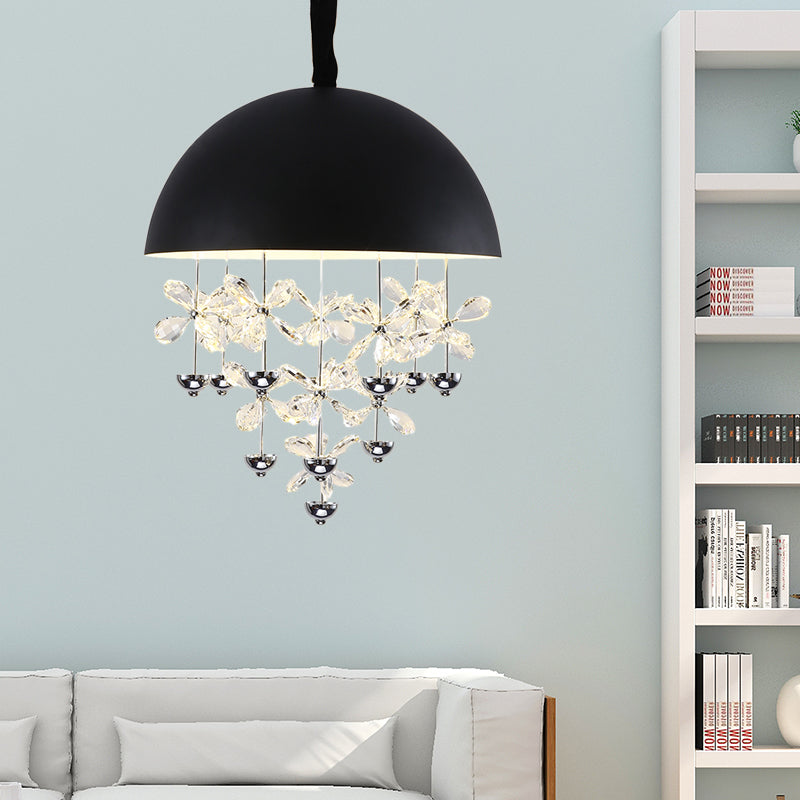 Domed Pendant Light with Crystal Flower Deco - Modern Metal Hanging Ceiling Light (6/10 Lights) in Black/White