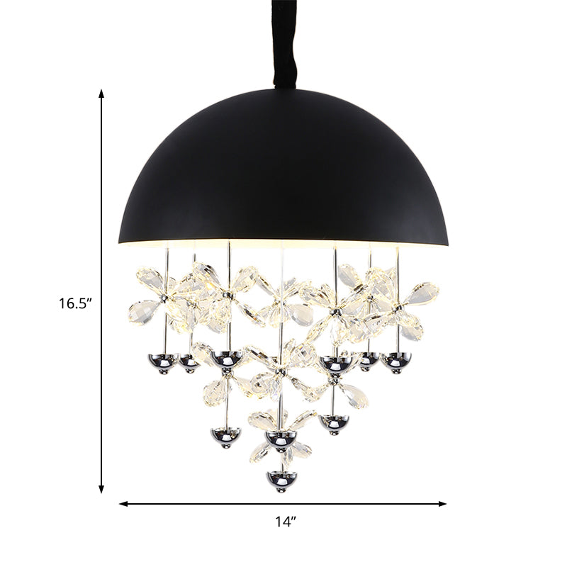 Domed Pendant Light with Crystal Flower Deco - Modern Metal Hanging Ceiling Light (6/10 Lights) in Black/White