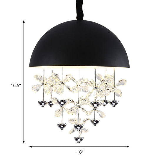 Domed Pendant Light with Crystal Flower Deco - Modern Metal Hanging Ceiling Light (6/10 Lights) in Black/White