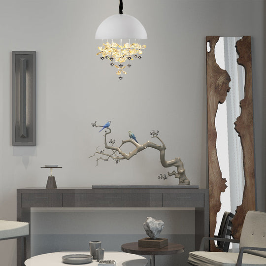 Domed Pendant Light with Crystal Flower Deco - Modern Metal Hanging Ceiling Light (6/10 Lights) in Black/White