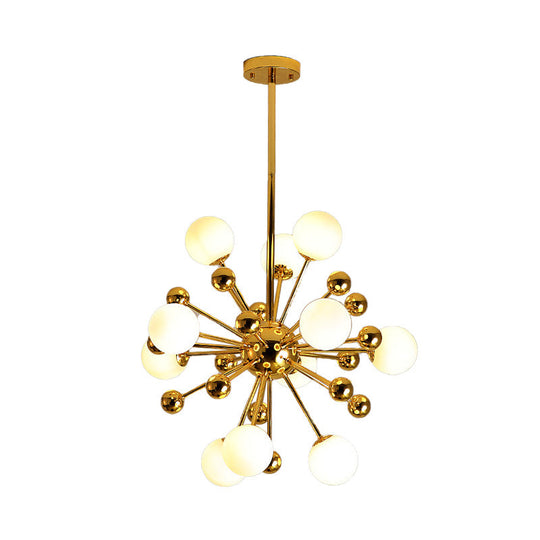 Gold Starburst Chandelier with White Glass Ball Shades - Designer Multi-Light Pendant Lamp - Various Width Options: 23.5", 31.5", 39