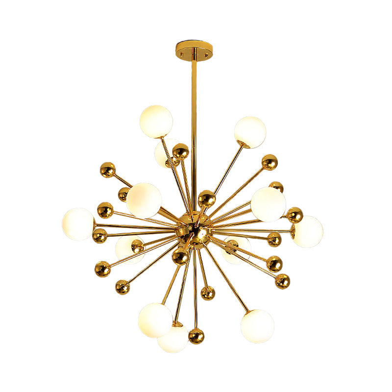 Gold Starburst Chandelier with White Glass Ball Shades - Designer Multi-Light Pendant Lamp - Various Width Options: 23.5", 31.5", 39
