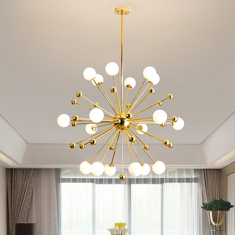 Gold Starburst Chandelier with White Glass Ball Shades - Designer Multi-Light Pendant Lamp - Various Width Options: 23.5", 31.5", 39
