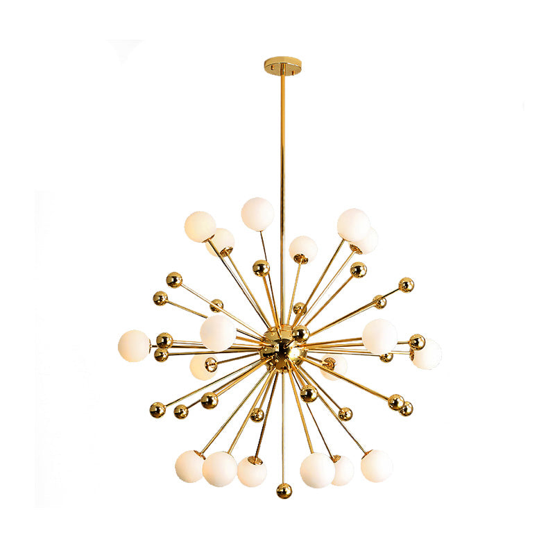 Gold Starburst Chandelier with White Glass Ball Shades - Designer Multi-Light Pendant Lamp - Various Width Options: 23.5", 31.5", 39