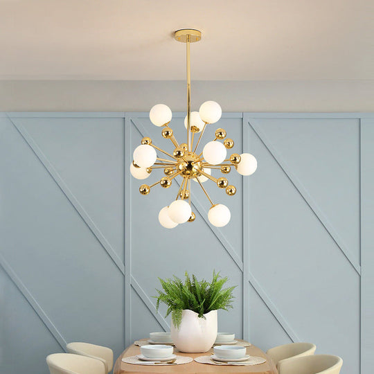 Gold Starburst Chandelier with White Glass Ball Shades - Designer Multi-Light Pendant Lamp - Various Width Options: 23.5", 31.5", 39