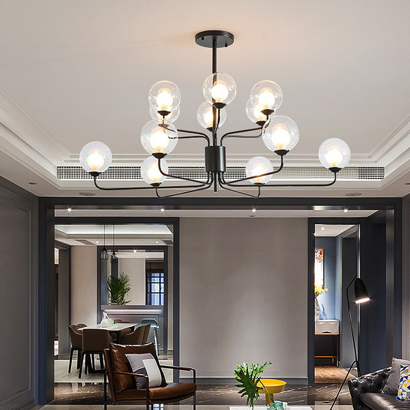 Contemporary 2-Tier Ball Clear Glass Chandelier with Radial Design - 8/12/18 Lights - Black/Gold Hanging Light Fixture