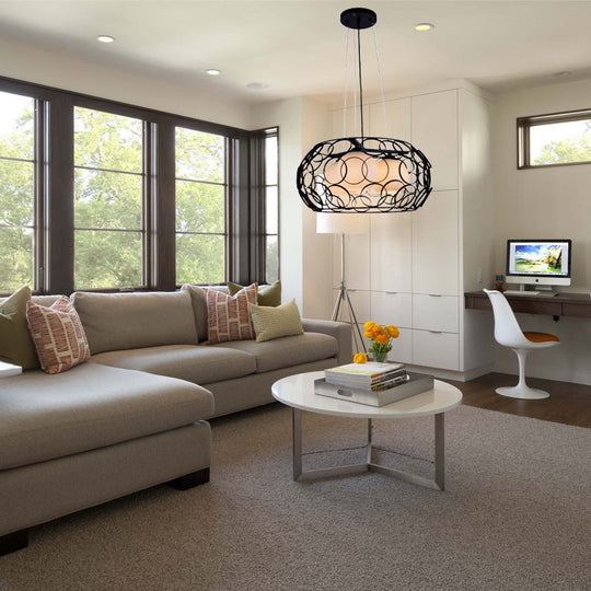 Contemporary White Glass Chandelier with Cage Design - 3-Light Hanging Ceiling Lamp