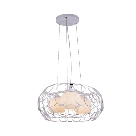 Contemporary White Glass Chandelier with Cage Design - 3-Light Hanging Ceiling Lamp