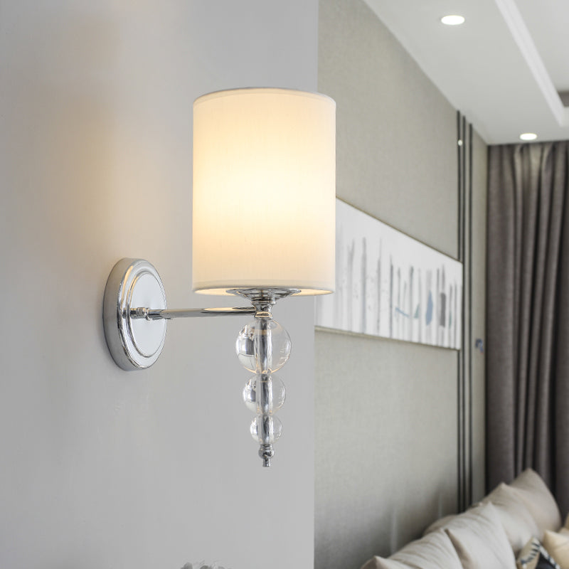 Modern Fabric and Metal Wall Lamp with Clear Crystal Ball Deco in Chrome - 1 Head Cylinder Shade Wall Mount Light