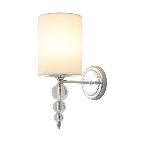 Modern Fabric and Metal Wall Lamp with Clear Crystal Ball Deco in Chrome - 1 Head Cylinder Shade Wall Mount Light