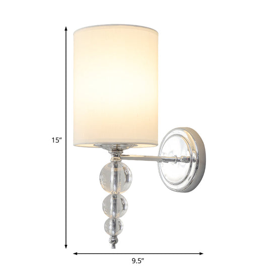 Modern Fabric and Metal Wall Lamp with Clear Crystal Ball Deco in Chrome - 1 Head Cylinder Shade Wall Mount Light