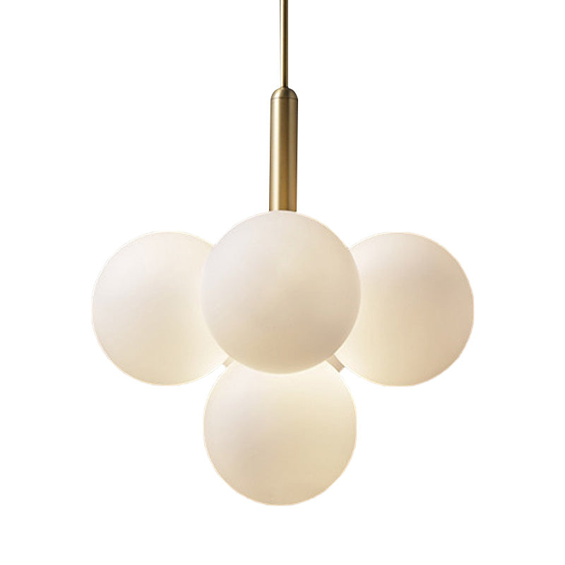 Contemporary White Glass Chandelier Lamp – 5/13 Lights Brass Pendant Light with Spherical Design