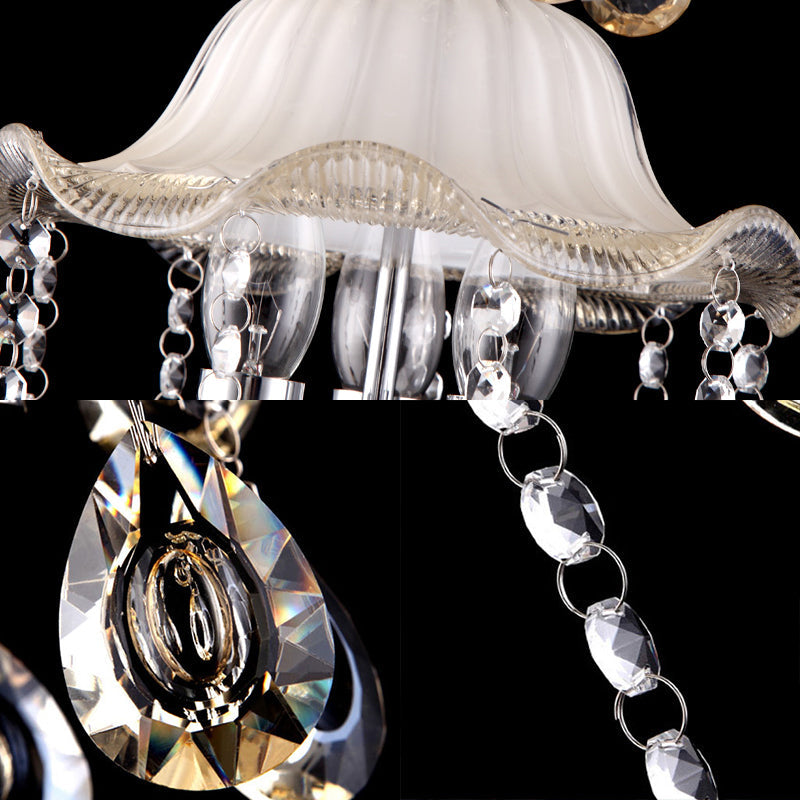 Modern Frosted Glass Ceiling Chandelier with Crystal Deco – Ruffled Edge Hanging Lamp in Champagne