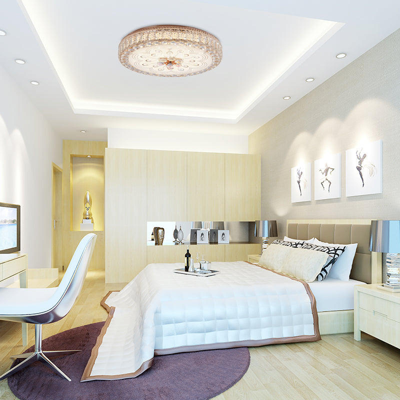 Gold Metal and Crystal LED Flushed Ceiling Light with Peacock/Floral Pattern - 16"/19.5" Wide