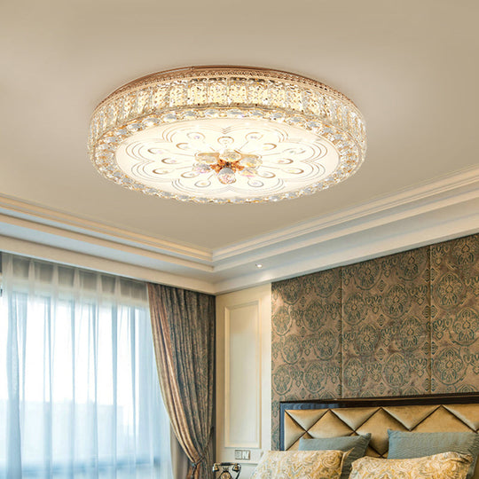 Gold Metal and Crystal LED Flushed Ceiling Light with Peacock/Floral Pattern - 16"/19.5" Wide