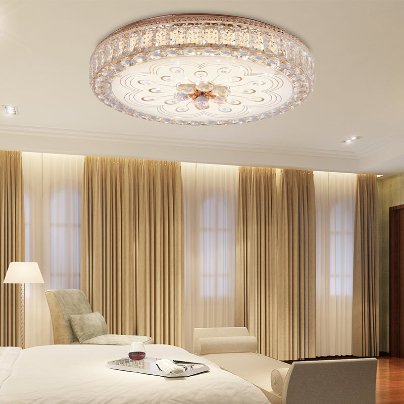 Gold Metal and Crystal LED Flushed Ceiling Light with Peacock/Floral Pattern - 16"/19.5" Wide