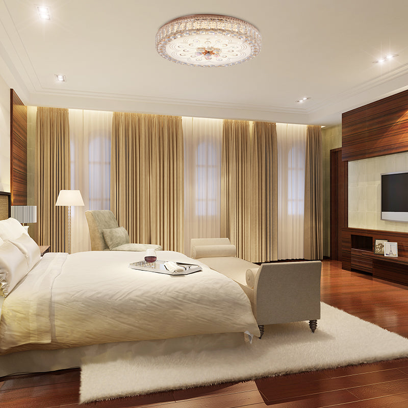 Gold Metal and Crystal LED Flushed Ceiling Light with Peacock/Floral Pattern - 16"/19.5" Wide