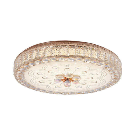 Gold Metal and Crystal LED Flushed Ceiling Light with Peacock/Floral Pattern - 16"/19.5" Wide