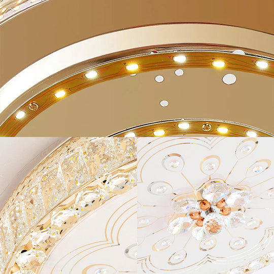 Gold Metal and Crystal LED Flushed Ceiling Light with Peacock/Floral Pattern - 16"/19.5" Wide