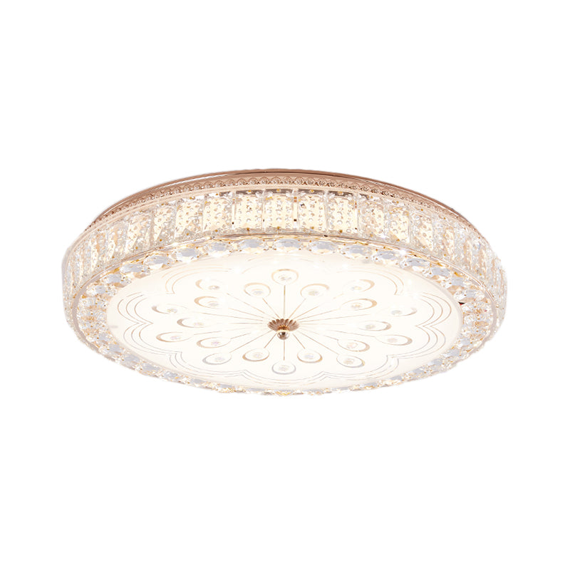 Gold Metal and Crystal LED Flushed Ceiling Light with Peacock/Floral Pattern - 16"/19.5" Wide