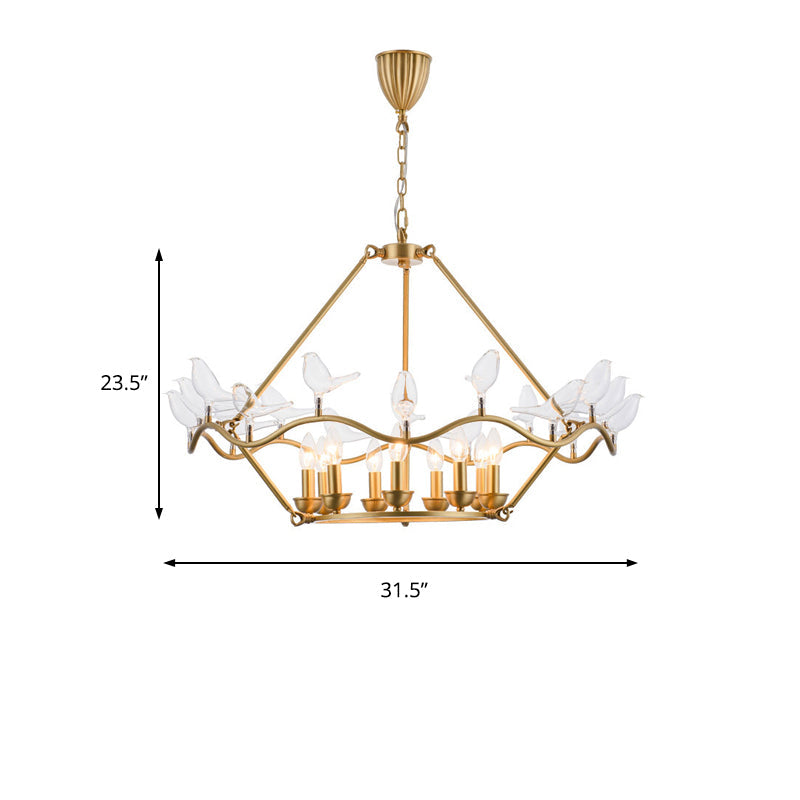 Modern Iron Candle Chandelier Ceiling Fixture in Gold with Clear Glass Birds - 6/9-Head for Living Room