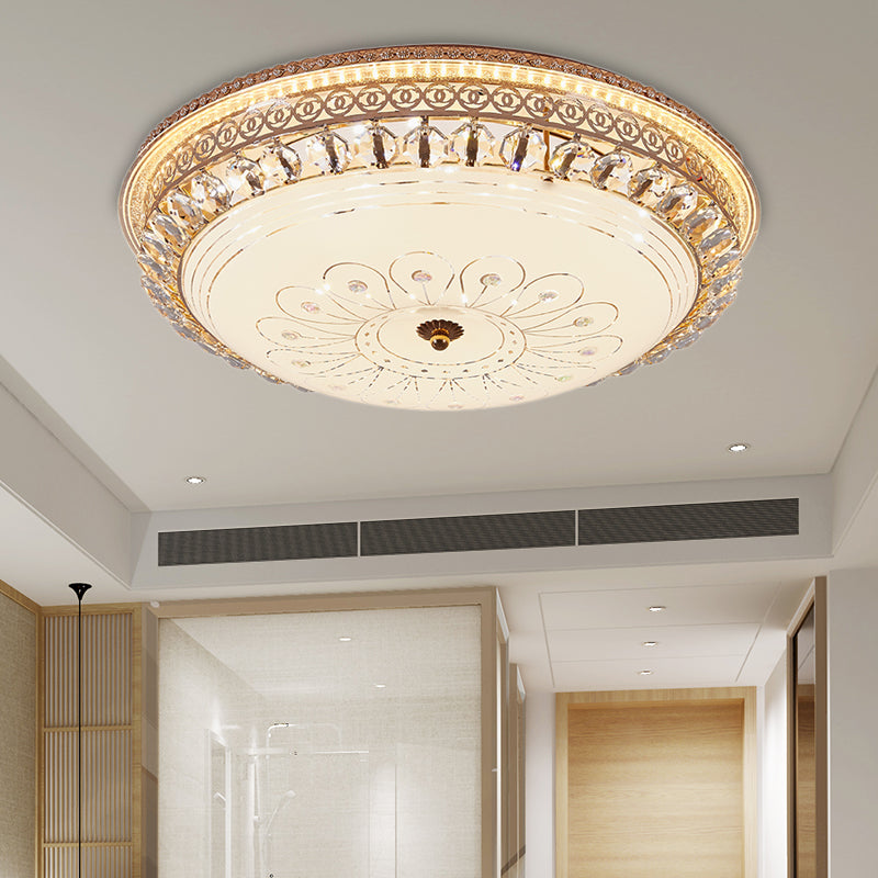 Modern Gold Flush Mount Ceiling Light with Opal Glass LED and Crystal Accent - 16"/19.5" W Round Flush Light for Bedroom