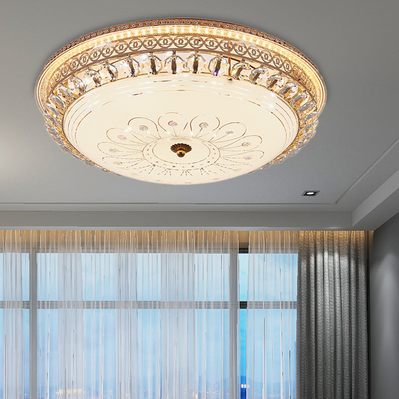 Modern Gold Flush Mount Ceiling Light with Opal Glass LED and Crystal Accent - 16"/19.5" W Round Flush Light for Bedroom